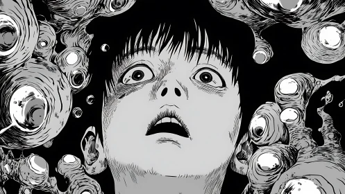 Wide-eyed wonder in a swirling, surreal monochrome dreamscape.