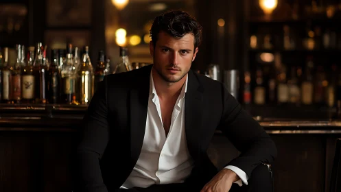 Evening confidence at the bar in warm, moody light.