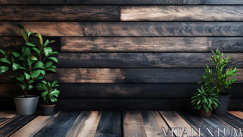 Indoor green plants soften a dark rustic wooden backdrop