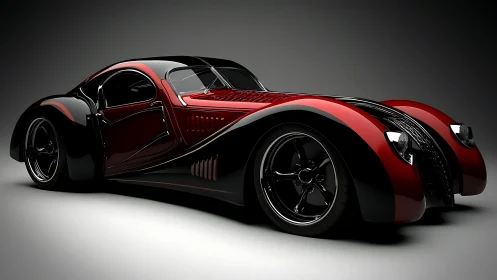 Streamlined retro-futurist sports car rendered in high-gloss 3D