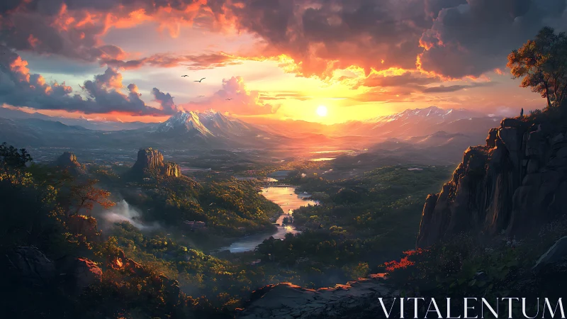 Sunlit river valley framed by rugged cliffs and distant snow peaks