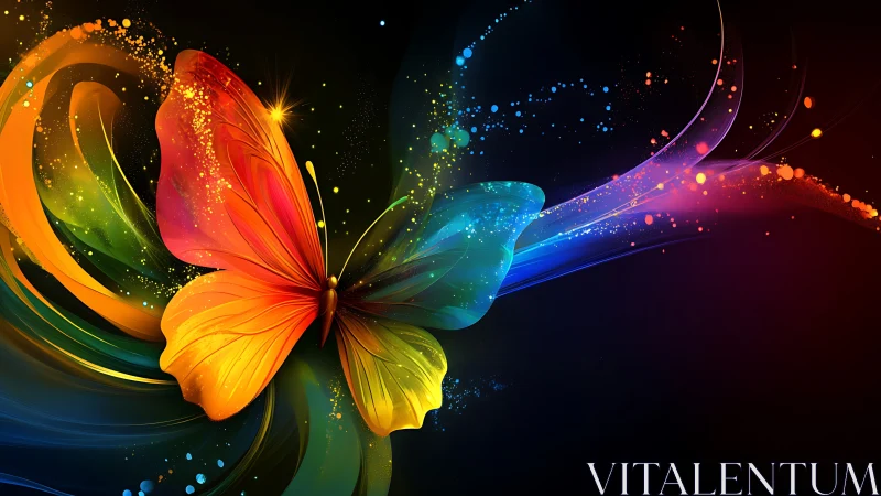 Radiant neon butterfly unfolds amid swirling cosmic light.