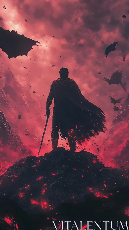 Lone swordsman confronts dragons above a burning volcanic abyss