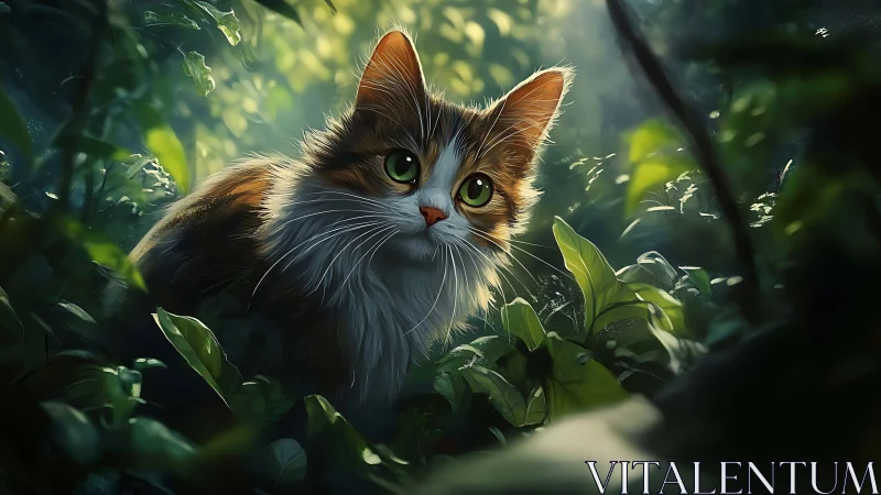 Feline with green eyes positioned among foliage in forest setting.