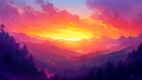 Sunset illuminates layered mountain ranges and forest valley