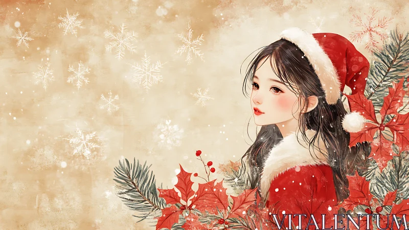 Christmas girl portrait with red poinsettias and snowflakes.