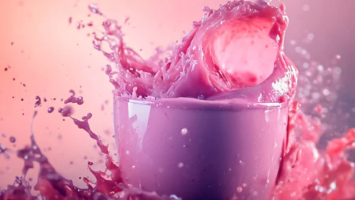 Riotous pink smoothie splash crowned in liquid confetti storm.