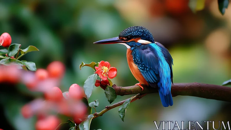 Vibrant Blue Kingfisher on Branch with Red Flowers, Nature Photography.