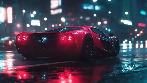 Red sports car on wet neon city street at night scene.
