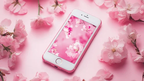 White smartphone displaying pink floral wallpaper among pink flowers.
