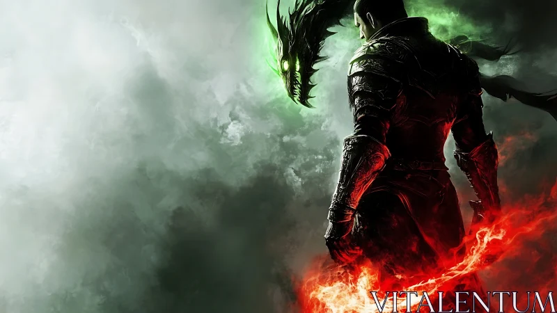 Dark armored warrior confronts glowing spectral dragon spirit.