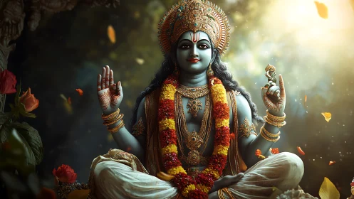 Highly detailed deity rendering with volumetric light and ornate garlands