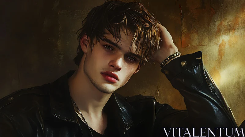 Brooding young man in leather jacket against gold wall.