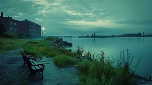 Deserted industrial lakeshore promenade at blue hour twilight