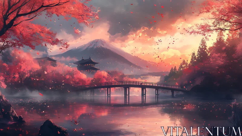 Red autumn landscape shows bridge, pagoda and distant mountain
