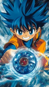 Spirited blue‑haired hero charging up a swirling spinner.