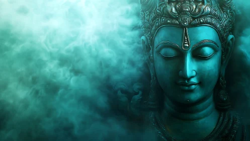 Turquoise Buddha sculpture head emerging through dense mist.