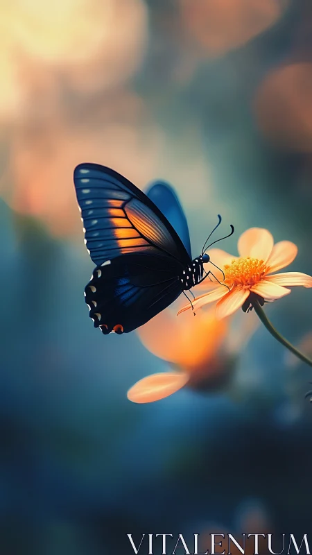 Twilight-winged butterfly sipping golden dusk on petals.