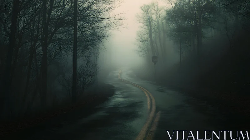 Foggy wet forest road curving through dense morning mist.