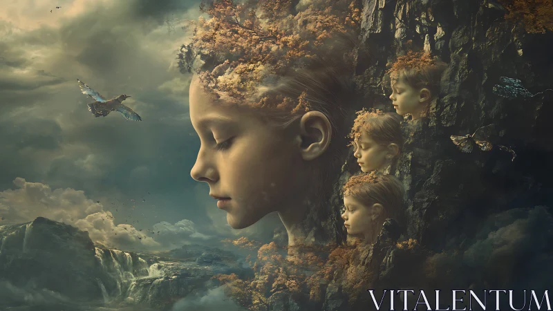 Child profile merged with landscape and repeated forms.