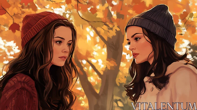 Two reflective women share a quiet moment in golden autumn