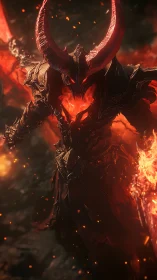 Horned inferno warlord strides from molten shadows roaring