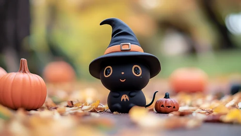 Cute black cat sorcerer figurine in shallow depth-of-field autumn scene