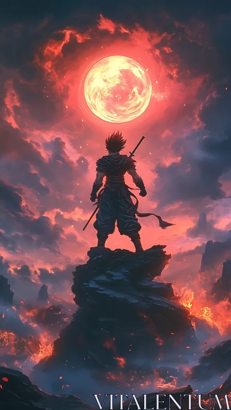 Warrior faces crimson eclipse above volcanic wasteland.