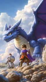 Young warriors stand before large blue dragon amid rocks