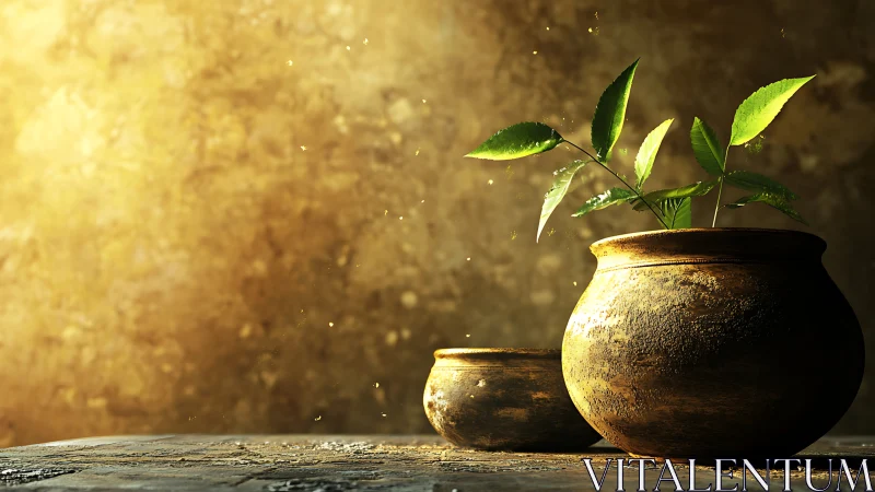 Earthenware vessel with young foliage in raking golden light.