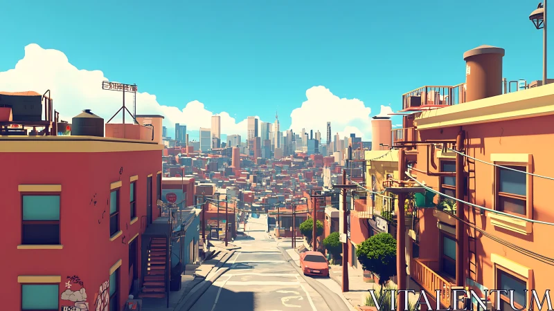 Hilly urban street with colorful low buildings and skyline.