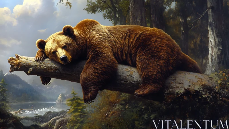 Brown bear sprawls across fallen log in high-detail forest scene