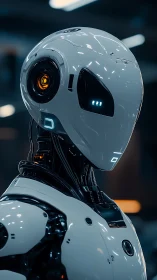 Chrome-sleek android sentinel under neon workshop hush.