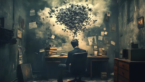 Man at cluttered desk facing swirling cloud of papers.