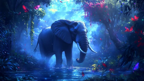 Majestic elephant walks through a glowing enchanted jungle
