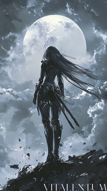 Lone armored warrior stands under vast luminous full moon