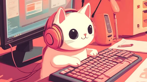 White cartoon cat wears headphones while typing on keyboard