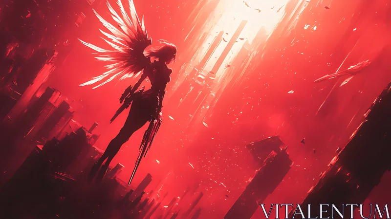 Winged humanoid silhouette hovers over red futuristic ruins