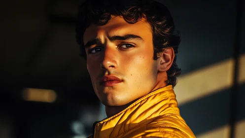 Moody portrait of young man in bold yellow jacket.