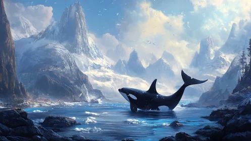 Orca breaches in glacial fjord under high-contrast atmospheric light