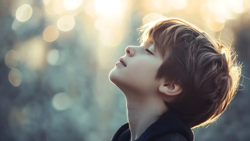 Profile view of child with closed eyes against bokeh background