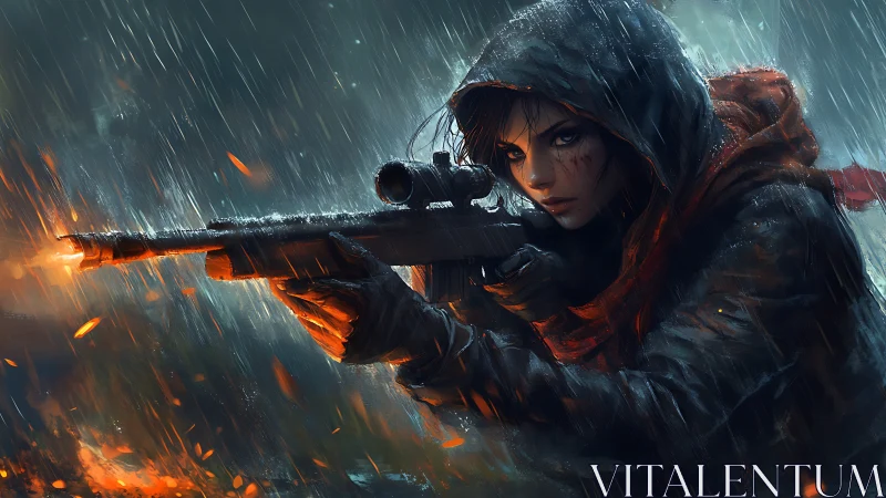 Hooded female sniper aiming rifle in heavy rainstorm.