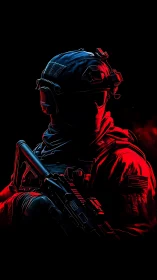 Red-shadowed tactical figure in bold neon contrast.
