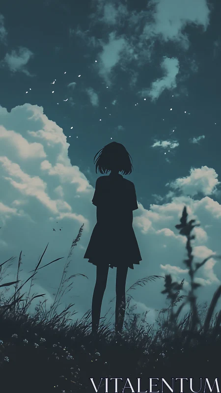 Backlit silhouette of solitary girl under stratocumulus sky.