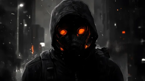 Hooded masked figure with orange illuminated eyes at night.