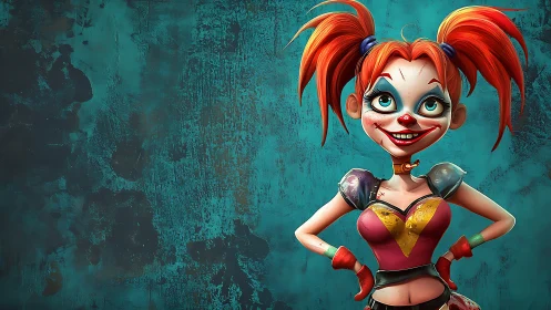 Cartoon clown girl character on textured teal background.
