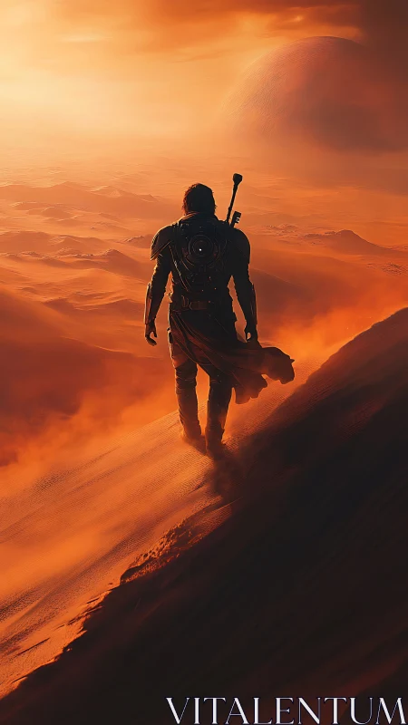 Lone armored wanderer descends glowing alien dune slope