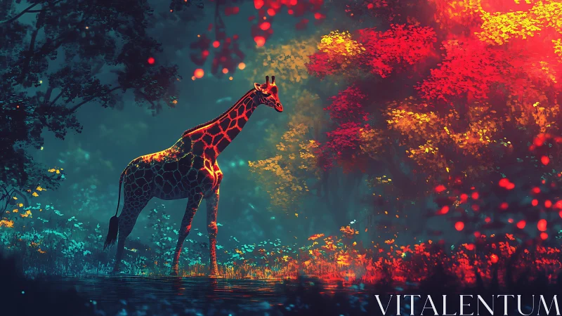 Bioluminescent giraffe in neon-lit forest clearing at dusk