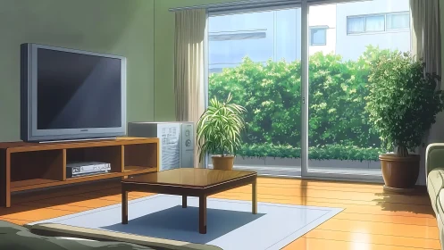 Sunny minimalist living room with TV and garden view.