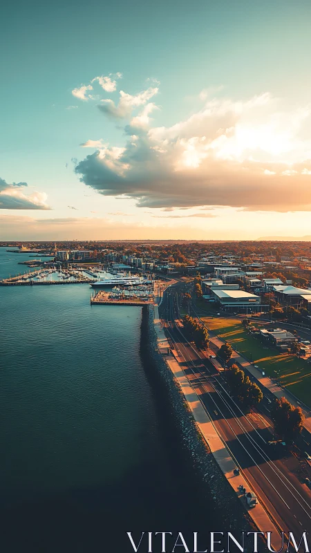 Aerial coastal corridor under warm cinematic sunset glow.